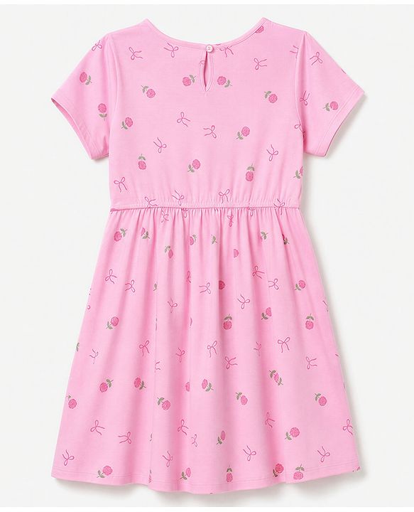 Pine Kids Cotton Knit Half Sleeves One Piece Dress with Floral Print - Pink