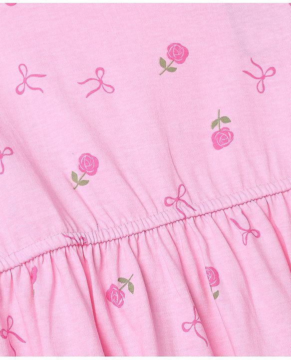 Pine Kids Cotton Knit Half Sleeves One Piece Dress with Floral Print - Pink