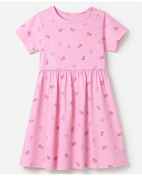 Pine Kids Cotton Knit Half Sleeves One Piece Dress with Floral Print - Pink