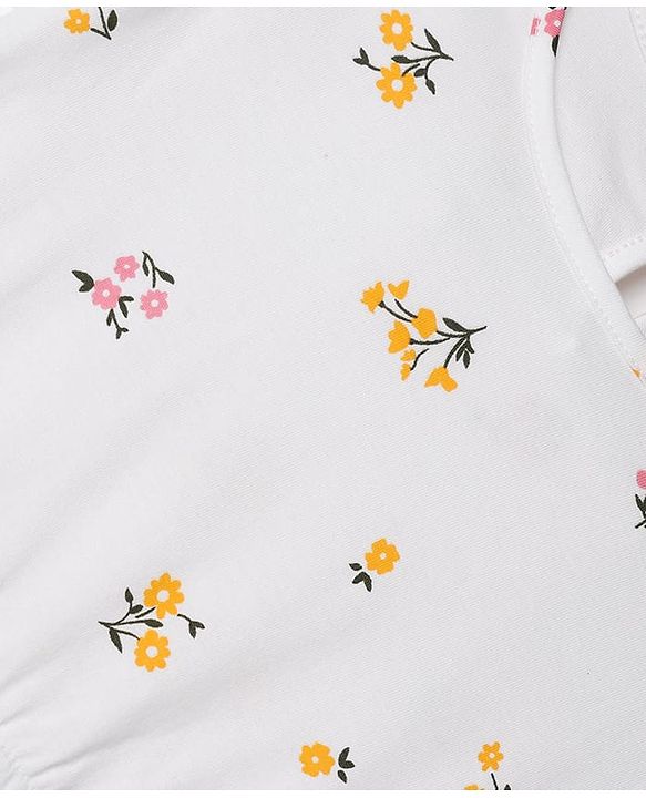 Pine Kids Cotton Knit Flutter Sleeves Tiered Frock with Floral Print - White