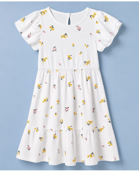 Pine Kids Cotton Knit Flutter Sleeves Tiered Frock with Floral Print - White