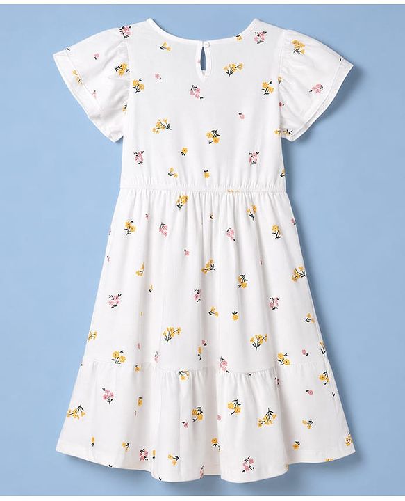 Pine Kids Cotton Knit Flutter Sleeves Tiered Frock with Floral Print - White