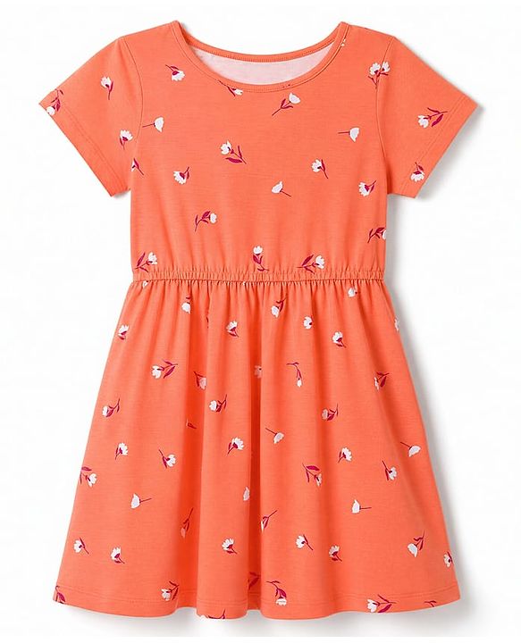 Pine Kids Female Cotton Knit Half Sleeves Frock with Floral Print - Orange