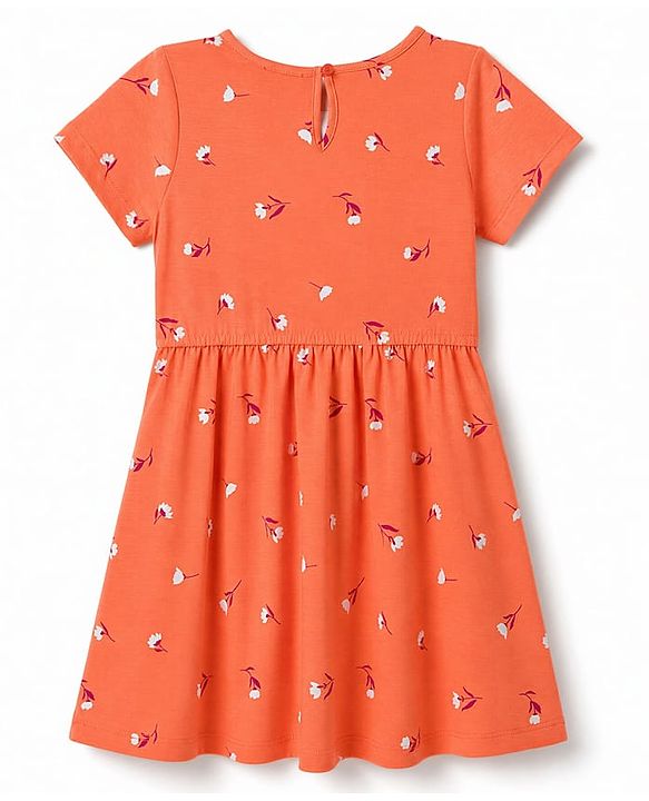 Pine Kids Female Cotton Knit Half Sleeves Frock with Floral Print - Orange