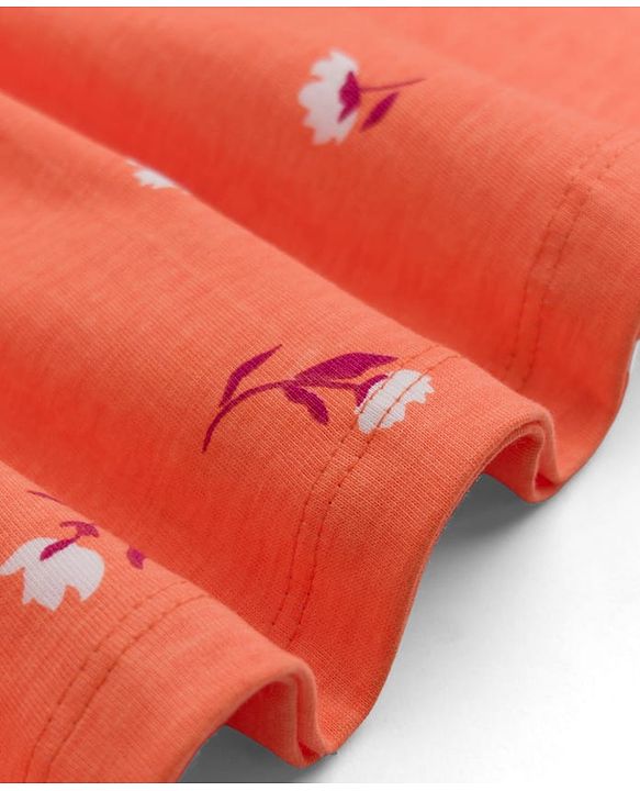 Pine Kids Female Cotton Knit Half Sleeves Frock with Floral Print - Orange