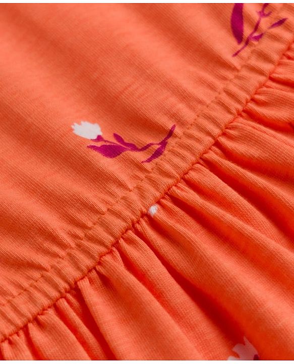 Pine Kids Female Cotton Knit Half Sleeves Frock with Floral Print - Orange