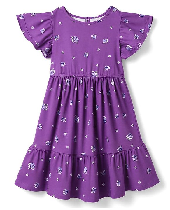 Pine Kids 100% Cotton Knit Half Flutter Sleeves Floral Printed Tiered Frock - Purple