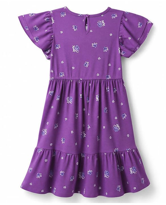 Pine Kids 100% Cotton Knit Half Flutter Sleeves Floral Printed Tiered Frock - Purple