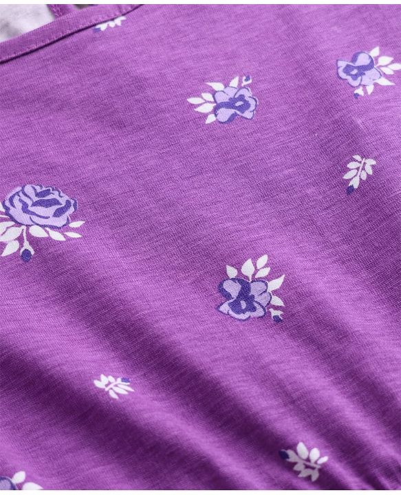 Pine Kids 100% Cotton Knit Half Flutter Sleeves Floral Printed Tiered Frock - Purple