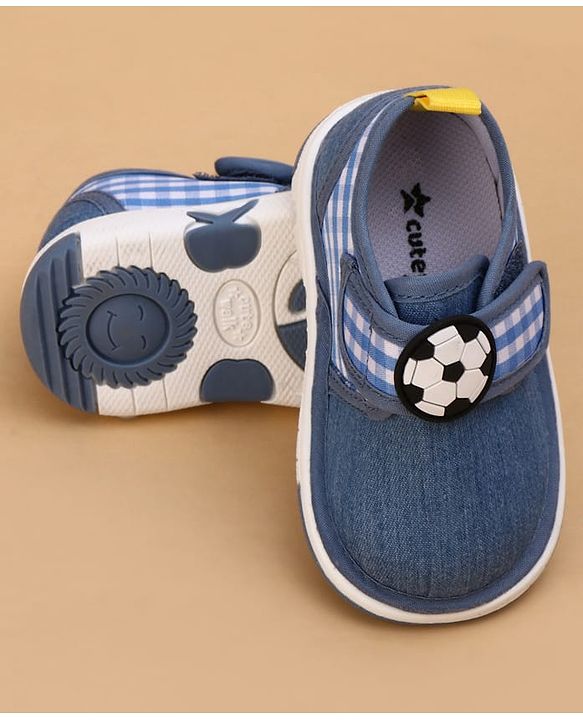 Cute Walk by Babyhug Velcro Closure Checked Musical Causal Shoes With Football Applique - Blue