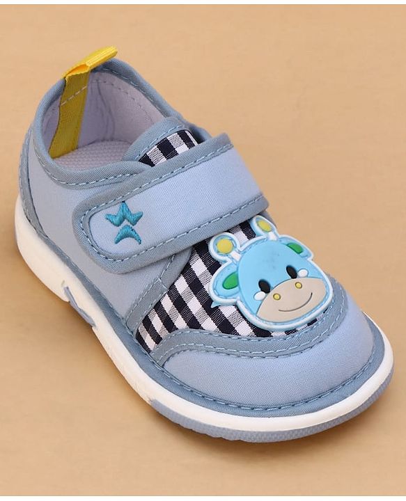 Cute Walk by Babyhug Velcro Closure Checked Musical Shoes With Animal Applique - Blue