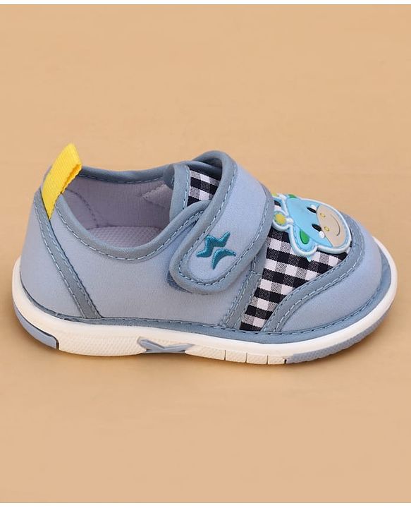 Cute Walk by Babyhug Velcro Closure Checked Musical Shoes With Animal Applique - Blue