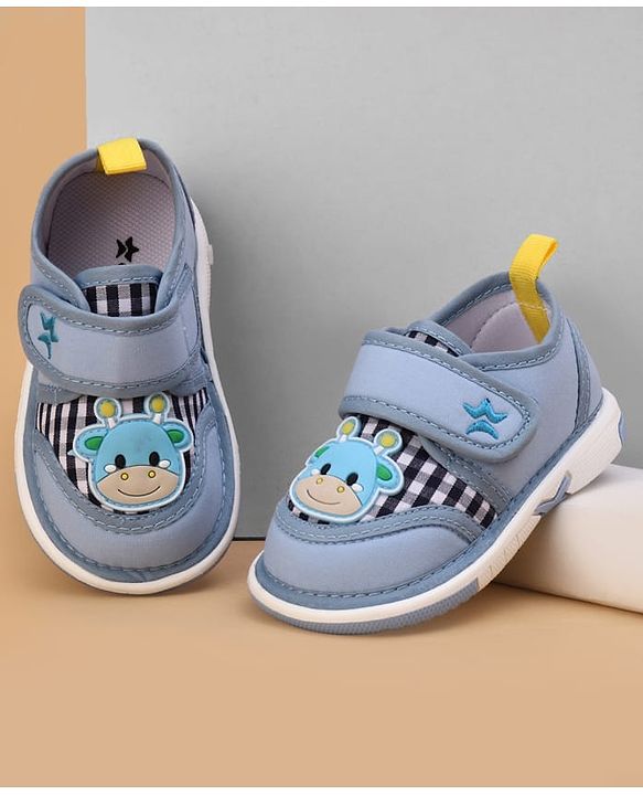 Cute Walk by Babyhug Velcro Closure Checked Musical Shoes With Animal Applique - Blue