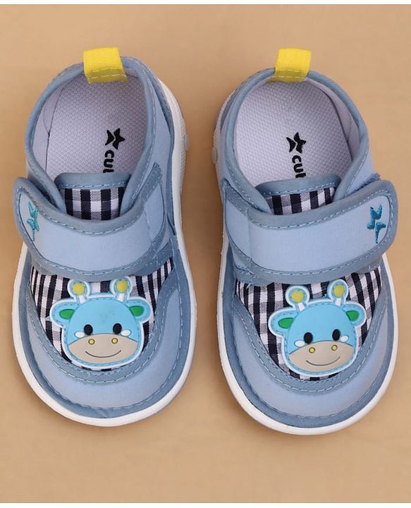 Cute Walk by Babyhug Velcro Closure Checked Musical Shoes With Animal Applique - Blue