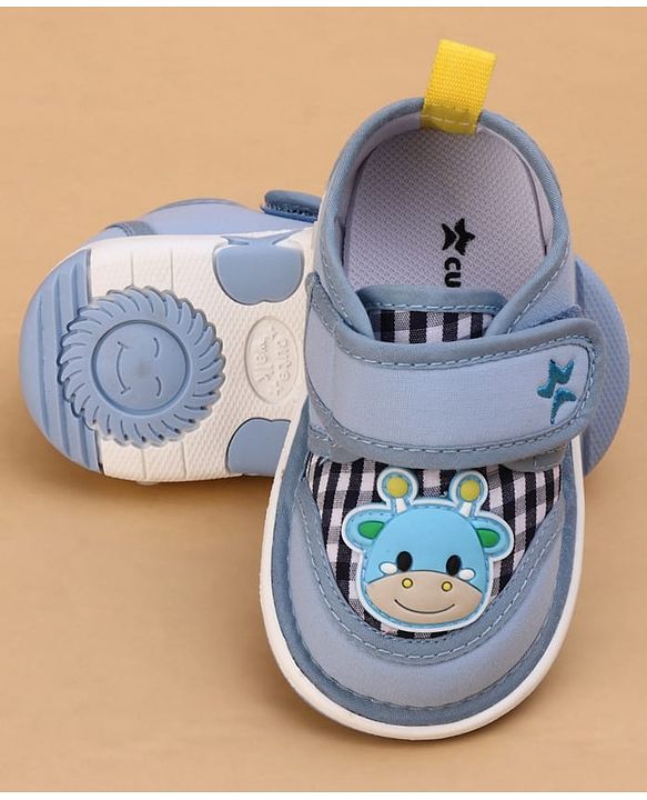 Cute Walk by Babyhug Velcro Closure Checked Musical Shoes With Animal Applique - Blue