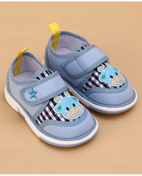 Cute Walk by Babyhug Velcro Closure Checked Musical Shoes With Animal Applique - Blue
