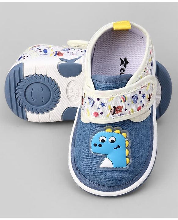 Cute Walk by Babyhug Velcro Closure Musical Shoes With Dino Applique - Blue