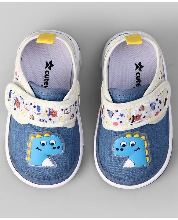Cute Walk by Babyhug Velcro Closure Musical Shoes With Dino Applique - Blue