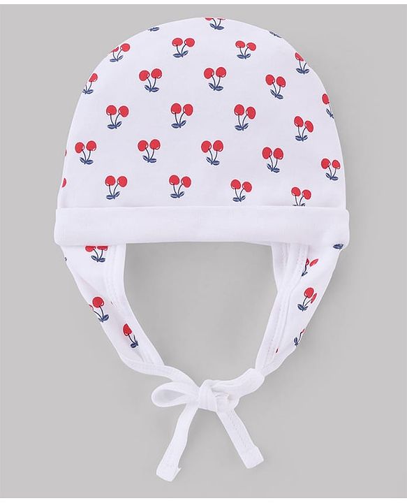 Babyhug 100% Cotton Interlock Knit Ear Flap Cap with Cherry Print White - Diameter 16 cm