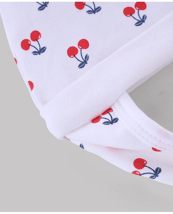 Babyhug 100% Cotton Interlock Knit Ear Flap Cap with Cherry Print White - Diameter 16 cm