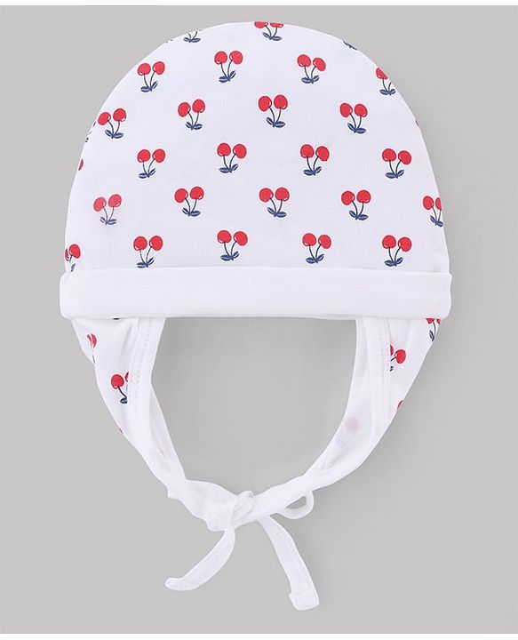 Babyhug 100% Cotton Interlock Knit Ear Flap Cap with Cherry Print White - Diameter 16 cm