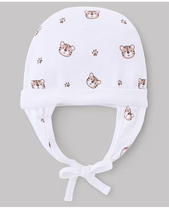 Babyhug 100% Cotton Interlock Knit Ear Flap Cap with Tiger Print White - Diameter 16 cm