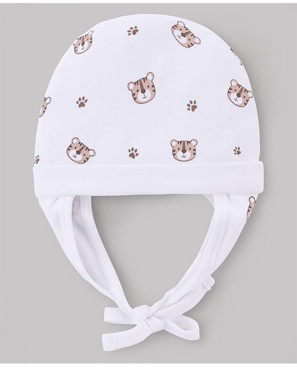 Babyhug 100% Cotton Interlock Knit Ear Flap Cap with Tiger Print White - Diameter 16 cm