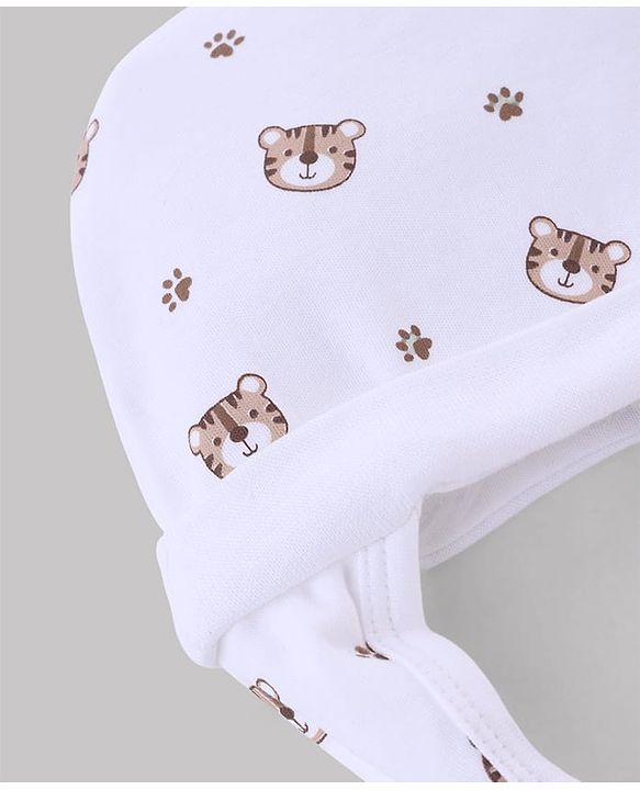 Babyhug 100% Cotton Interlock Knit Ear Flap Cap with Tiger Print White - Diameter 16 cm