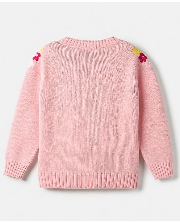Babyhug Knit Full Sleeves Front Open Sweaters With Cable Knit Design & Floral Embroidery - Pink