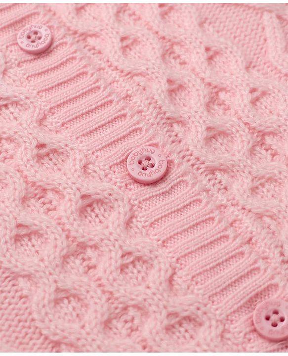 Babyhug Knit Full Sleeves Front Open Sweaters With Cable Knit Design & Floral Embroidery - Pink