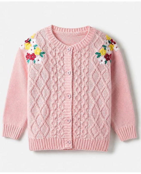 Babyhug Knit Full Sleeves Front Open Sweaters With Cable Knit Design & Floral Embroidery - Pink