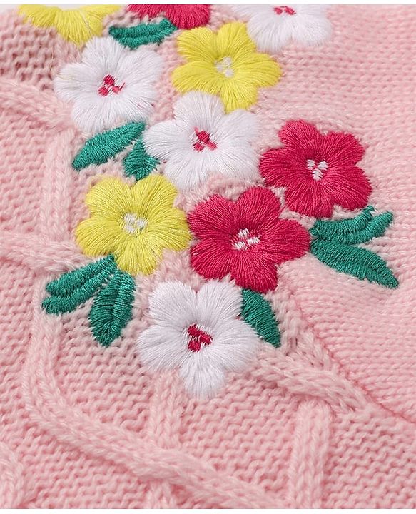 Babyhug Knit Full Sleeves Front Open Sweaters With Cable Knit Design & Floral Embroidery - Pink