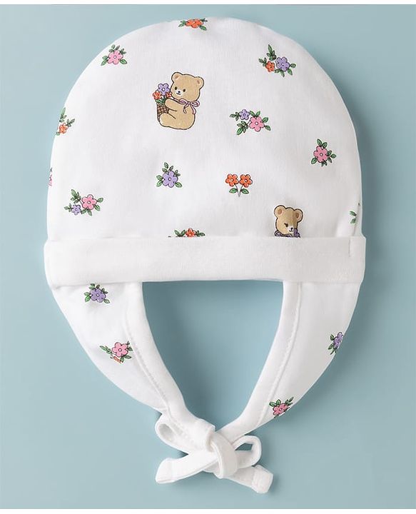 Babyhug 100% Cotton Interlock Knit Ear Flap Cap With Teddy Bear & Flora L Print White - Diameter 14.5 cm