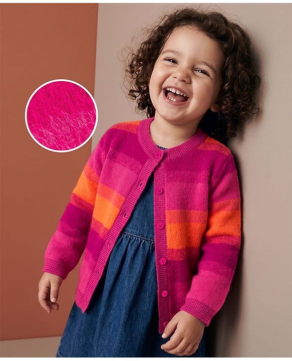 Babyhug Knit Striped Front Open Sweaters - Pink