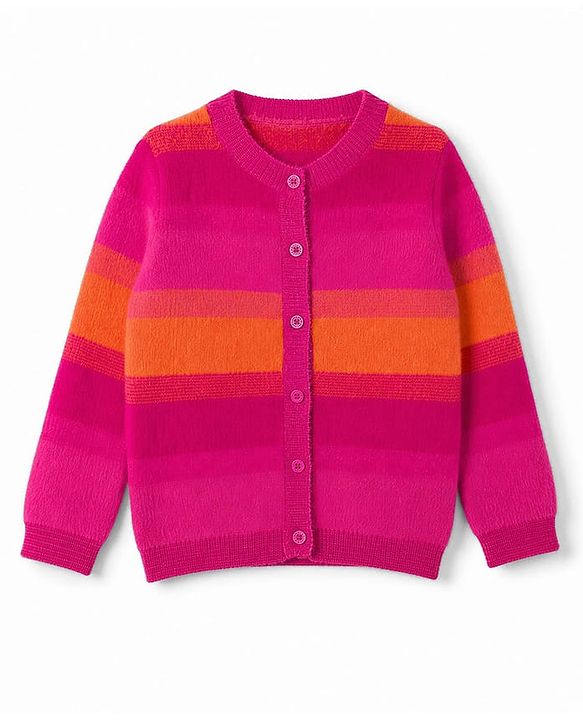 Babyhug Knit Striped Front Open Sweaters - Pink