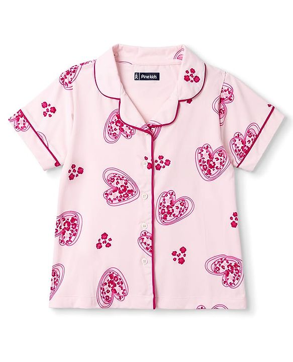 Pine Kids Cotton Knit Half Sleeves Heart Printed Co-Ords Shirt & Pajama Night Suit - Pink