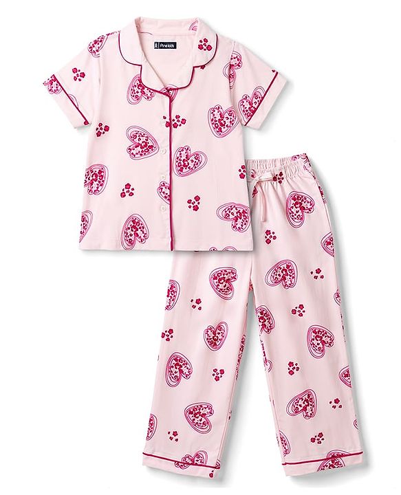 Pine Kids Cotton Knit Half Sleeves Heart Printed Co-Ords Shirt & Pajama Night Suit - Pink