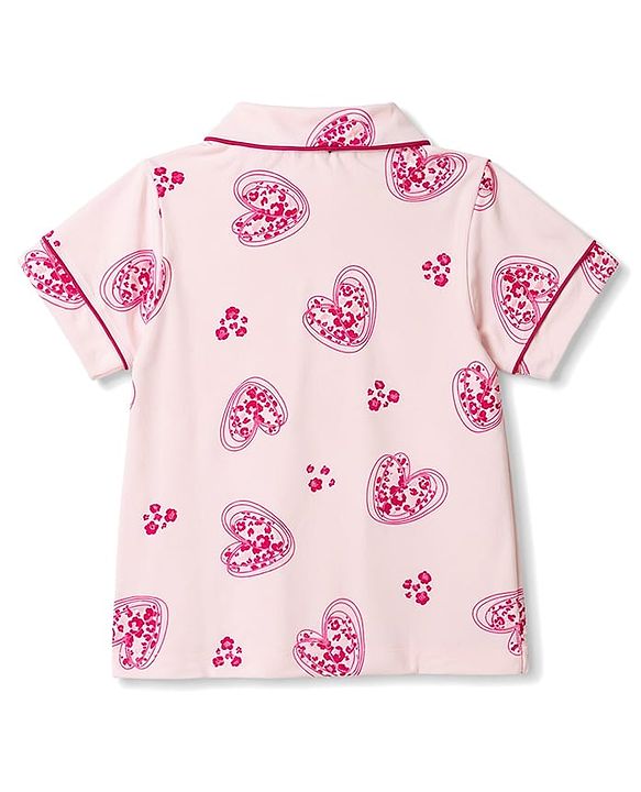 Pine Kids Cotton Knit Half Sleeves Heart Printed Co-Ords Shirt & Pajama Night Suit - Pink