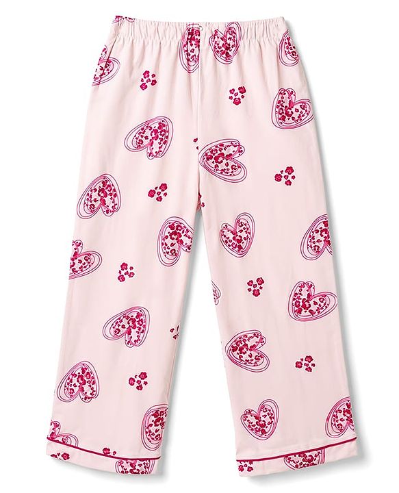 Pine Kids Cotton Knit Half Sleeves Heart Printed Co-Ords Shirt & Pajama Night Suit - Pink