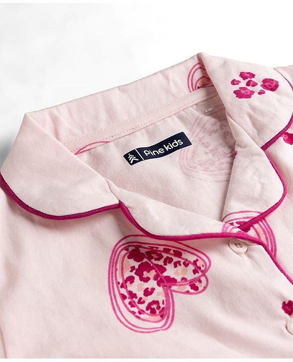 Pine Kids Cotton Knit Half Sleeves Heart Printed Co-Ords Shirt & Pajama Night Suit - Pink