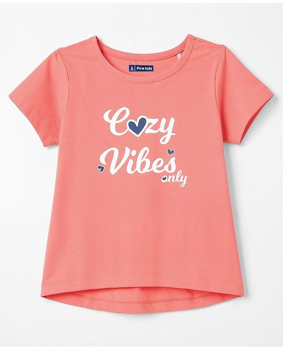 Pine Kids Cotton Knit Half Sleeves T-Shirt & Pajama Night Suit with Hearts & Text Print - Coral