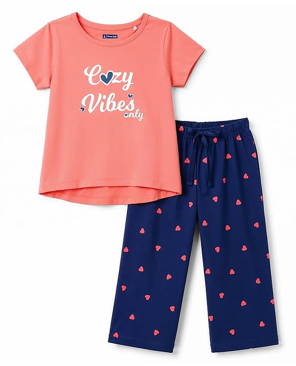 Pine Kids Cotton Knit Half Sleeves T-Shirt & Pajama Night Suit with Hearts & Text Print - Coral