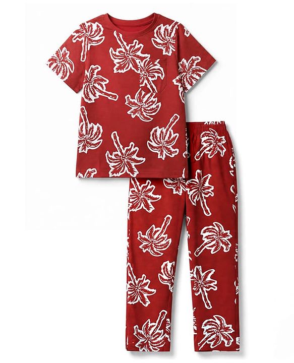 Pine Kids Cotton Knit Half Sleeves Co-Ords T-Shirt & Pyjama Night Suit with Palm Tree Print - Red