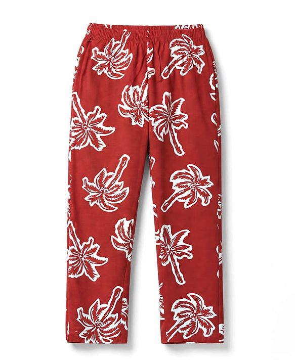 Pine Kids Cotton Knit Half Sleeves Co-Ords T-Shirt & Pyjama Night Suit with Palm Tree Print - Red