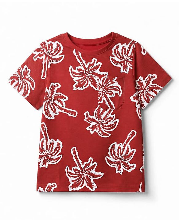 Pine Kids Cotton Knit Half Sleeves Co-Ords T-Shirt & Pyjama Night Suit with Palm Tree Print - Red