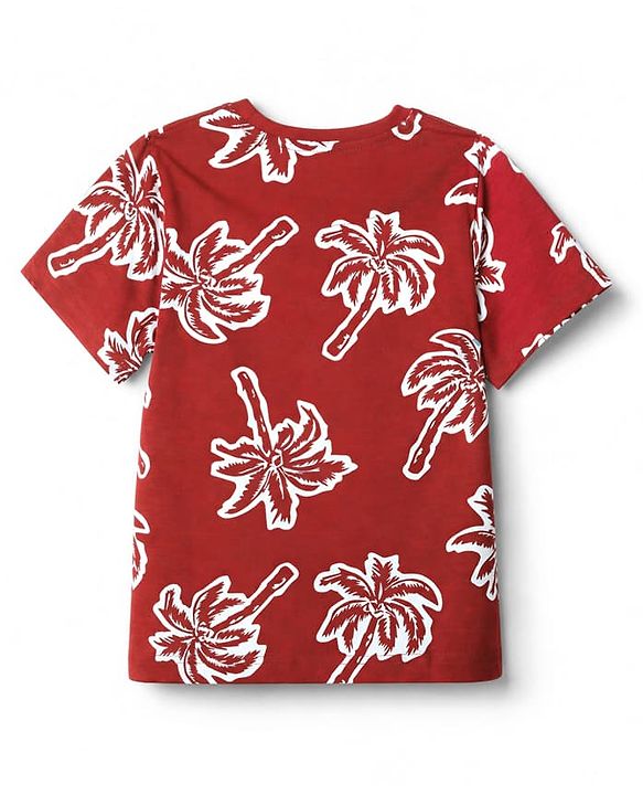 Pine Kids Cotton Knit Half Sleeves Co-Ords T-Shirt & Pyjama Night Suit with Palm Tree Print - Red