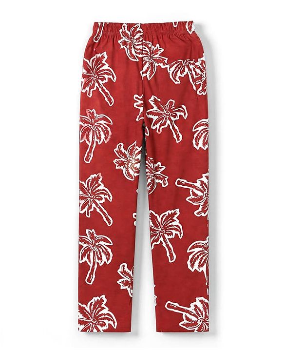 Pine Kids Cotton Knit Half Sleeves Co-Ords T-Shirt & Pyjama Night Suit with Palm Tree Print - Red