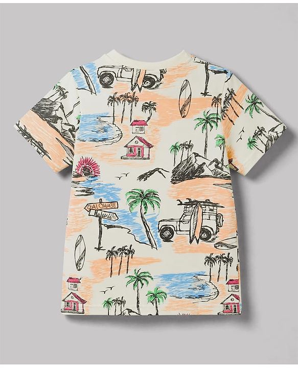 Pine Kids Cotton Knit Half Sleeves Beach Theme Printed Co-Ords T-Shirt & Pyjama Night Suit - Cream