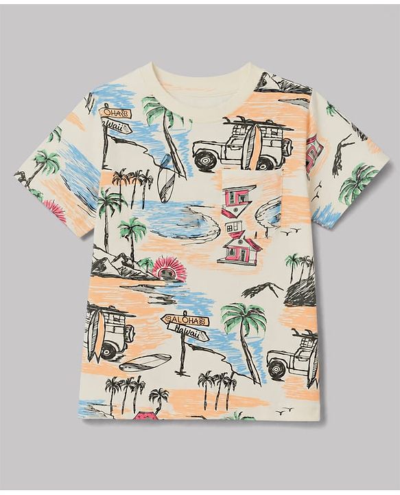 Pine Kids Cotton Knit Half Sleeves Beach Theme Printed Co-Ords T-Shirt & Pyjama Night Suit - Cream