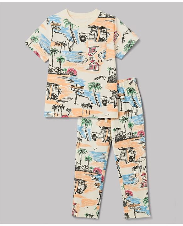 Pine Kids Cotton Knit Half Sleeves Beach Theme Printed Co-Ords T-Shirt & Pyjama Night Suit - Cream